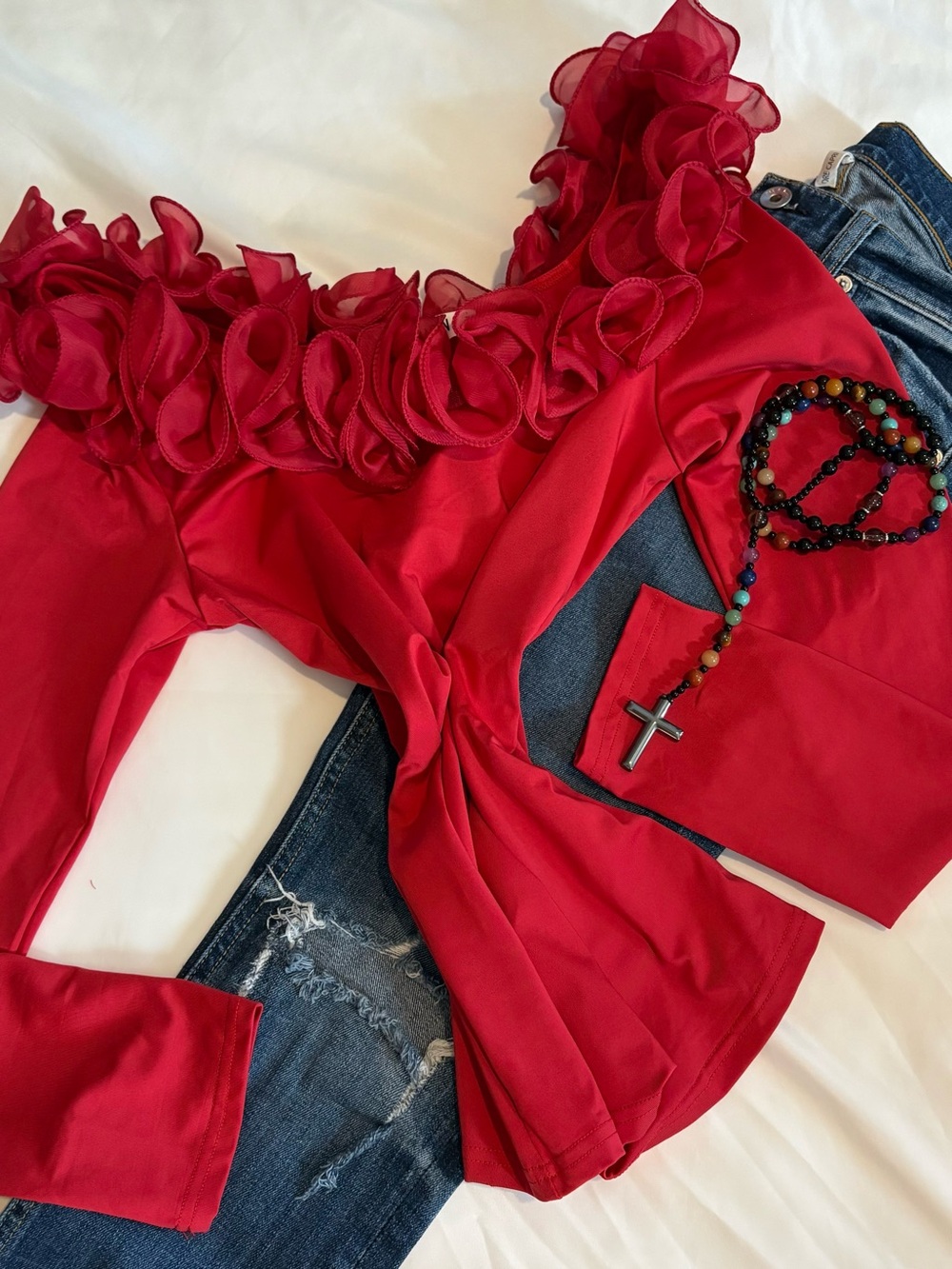 Grace Karin NWT Red Long-Sleeve off Shoulder Top with Rosette Trim